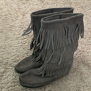 Grey Minnetonka Fringe Boots